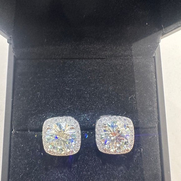 Huge GRA Moissanite Diamond Earrings Micro Pave Halo Set 18K White Finish 6 Ct - Picture 7 of 12